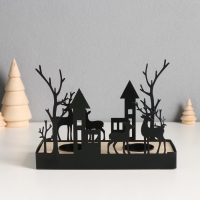 Подсвечник металл, дерево на 2 свечи "Олени и домики" d=4 см 7,5х18х14 см