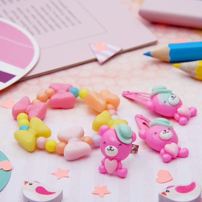 Набор детский &laquo;Выбражулька&raquo; 4 предмета: 2 заколки, браслет, кольцо &laquo;Бантики&raquo;, цвет МИКС, форма МИКС