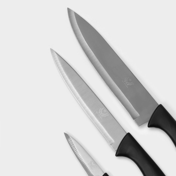 Набор кухонных ножей &laquo;Энеолит&raquo;, 3 предмета, лезвие 8,5 см, 17 см, 20 см, цвет чёрный