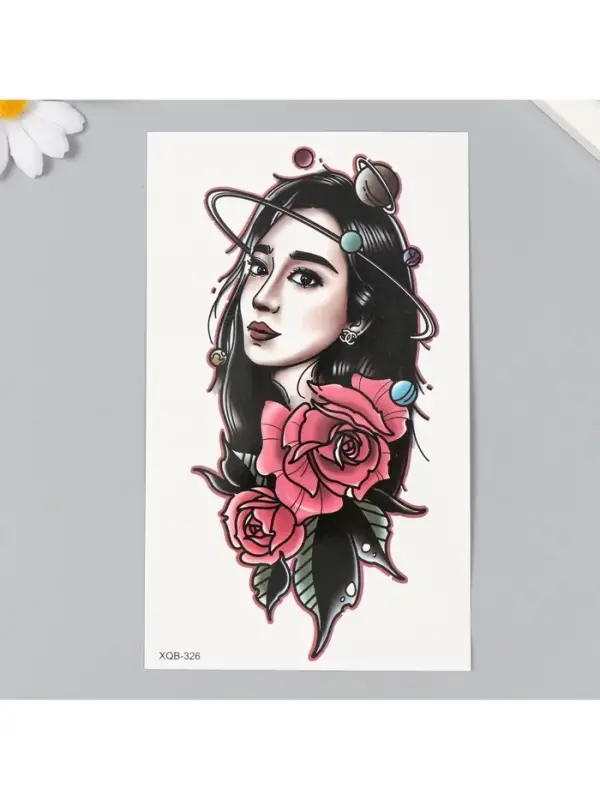 Переводная тату на тело &laquo;Девушка, космос и розы&raquo;, 12&times;18.8 см