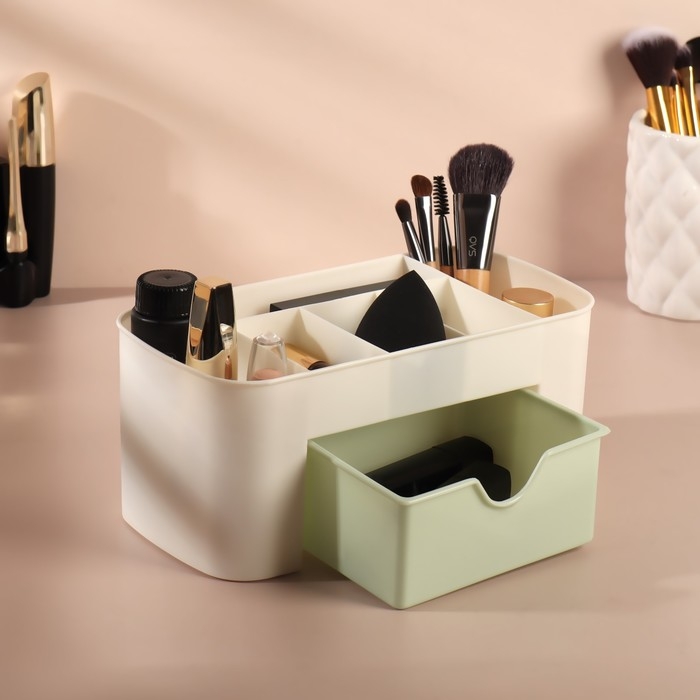 Органайзер для хранения, 6 секций, с ящиком, 21 × 10,5 × 9 см, цвет бежевый/зелёный Органайзер для хранения, 6 секций, с ящиком, 21 × 10,5 × 9 см, цвет бежевый/зелёный