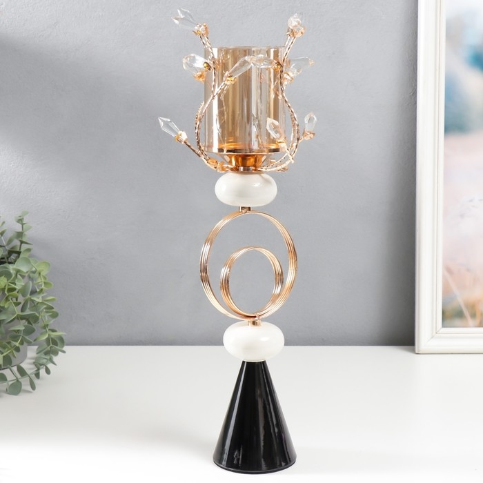 Подсвечник металл на 1 свечу "Веточки с кристаллами. Два кольца" золото 42х17х17 см