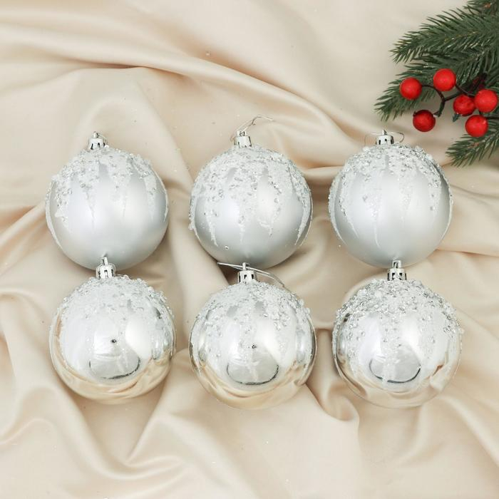 Набор шаров пластик d-8 см, 6 шт "Аделия" серебро