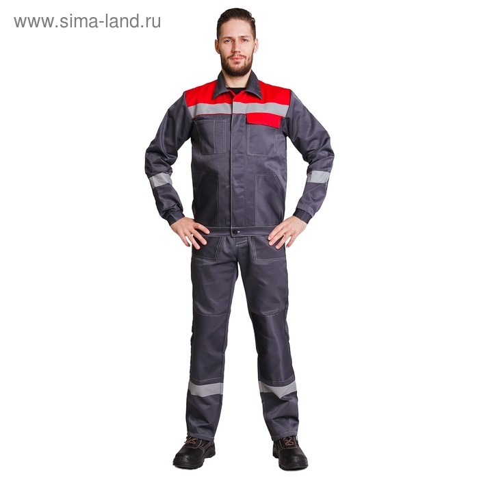 Костюм №802, п/комбинезон+куртка, хлопок/полиэфир, р. 48-50/182-188, цвет серый/красный