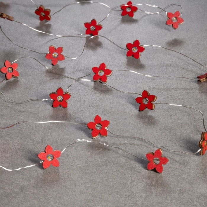 Гирлянда &laquo;Нить&raquo; 2 м роса с насадками &laquo;Цветок&raquo;, IP20, серебристая нить, 20 LED, батарейки ААх2 (нет в комплекте), свечение тёплое белое