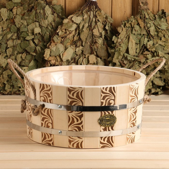 Шайка-таз из липы, 10 л, круглая, пластиковая вставка,  ручка-веревка