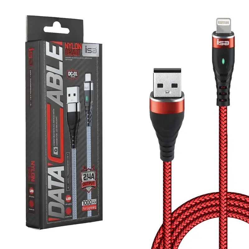 Кабель DC-01 USB на Lightning 1m 2.4A нейлон LED ISA красный