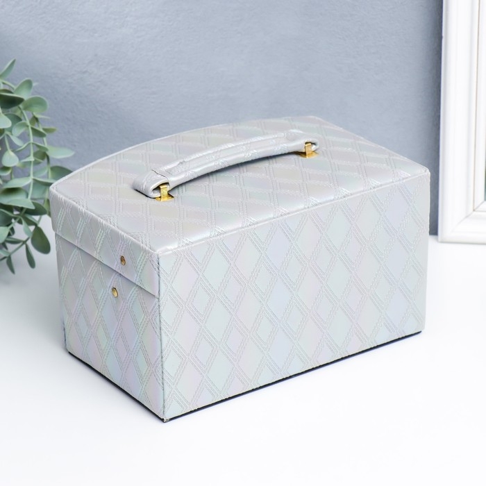 Шкатулка кожзам для украшений сундук "Сеть из ромбов. Серебро перламутр" 13х16х23 см