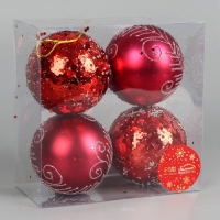 Набор шаров пластик d-8 см, 4 шт "Ночка" узоры, красный Набор шаров пластик d-8 см, 4 шт "Ночка" узоры, красный