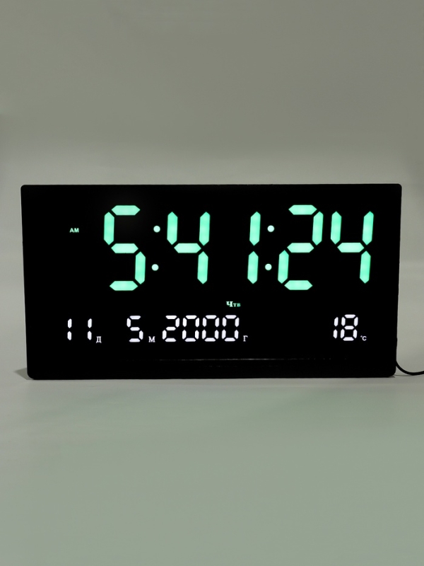 Часы электронные настенные, календарь термометр, 47.5 х 25.3 см, зеленыецифры 10.8 х 5.3 см   107662