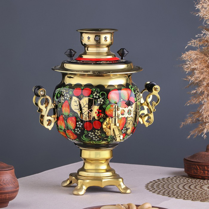 Набор &laquo;Хохлома&raquo;, овал, 3 предмета, самовар 3 л, заварочный чайник 0,7 л, поднос