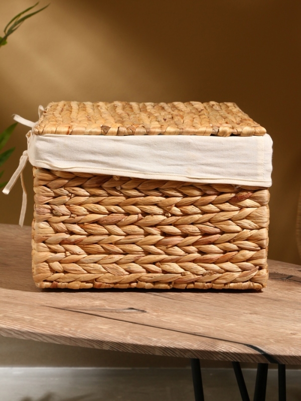 Корзинка прямоугольная с крышкой и тканевым подкладом, 44х30х20 см, водный гиацинт