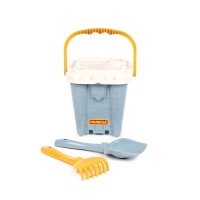 Песочный набор игрушек, 4 предмета: ведро-замок, ситечко, лопатка, грабельки, серо-голубой