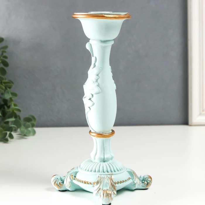 Подсвечник полистоун на 1 свечу "Пышный лист" нежно-голубой 21,5х9х9 см