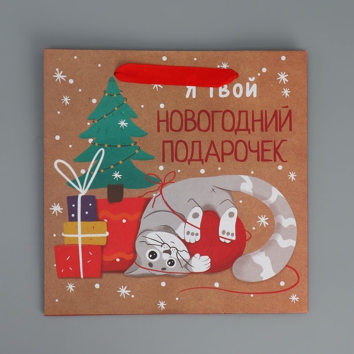 Пакет подарочный новогодний крафтовый квадратный &laquo;Подарочек&raquo;, 22 х 22 х 11 см, Новый год