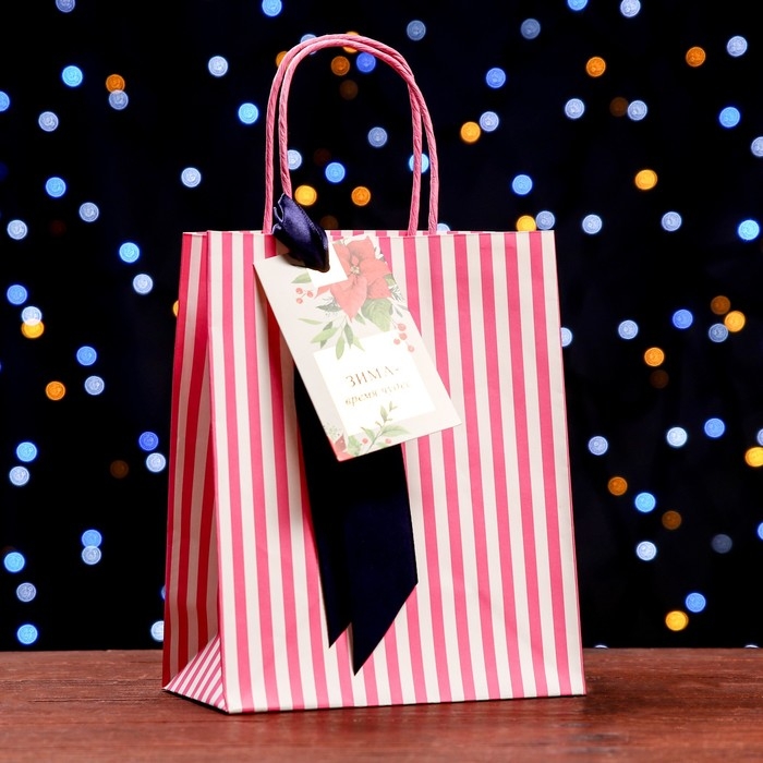 Новый год. Пакет подарочный крафтовый "Зима время чудес" 18 х 22,3 х 10 см