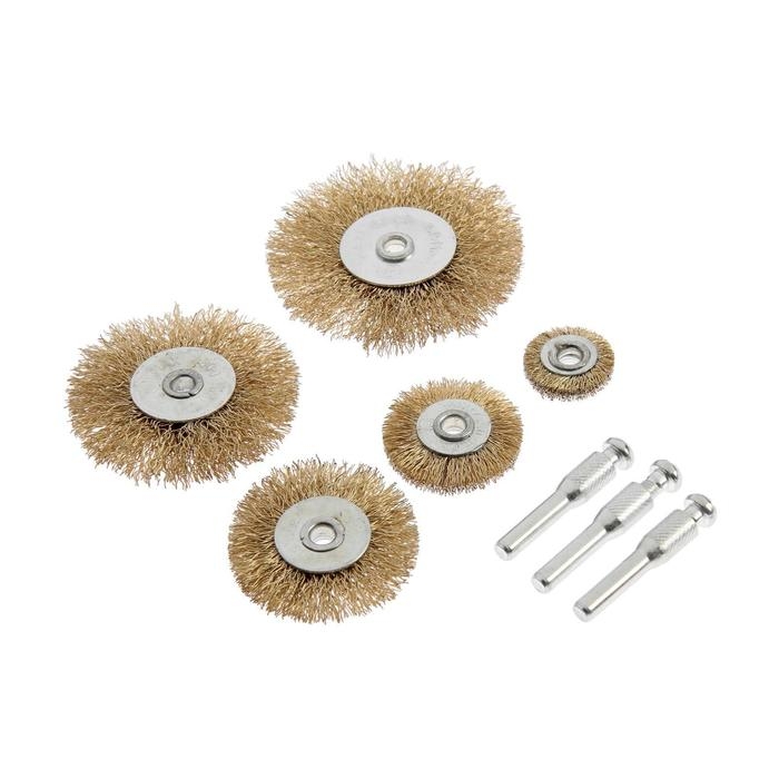 Набор щеток металлических для дрели ТУНДРА, плоские 25-38-50-63-75 мм, 5 шт. + 3 шпильки Набор щеток металлических для дрели ТУНДРА, плоские 25-38-50-63-75 мм, 5 шт. + 3 шпильки