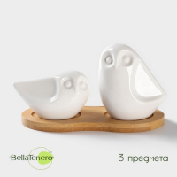 Набор фарфоровый для специй на бамбуковой подставке BellaTenero &laquo;Совы&raquo;, 2 предмета: солонка 100 мл, перечница 130 мл, цвет белый
