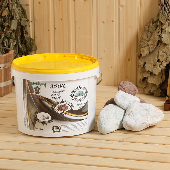 Камень для бани "Смесь" жадеит, яшма, кварц, ведро 15 кг, фракция 70-120 мм