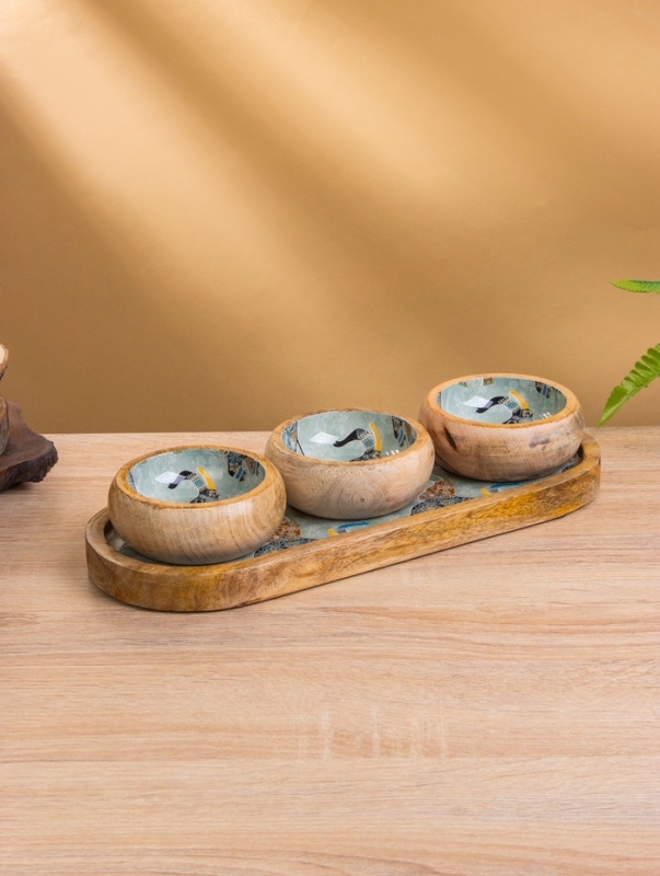 Набор розеток на подносе "Мудрый слон" (3 шт) дерево манго 33,5х13х6,5 см