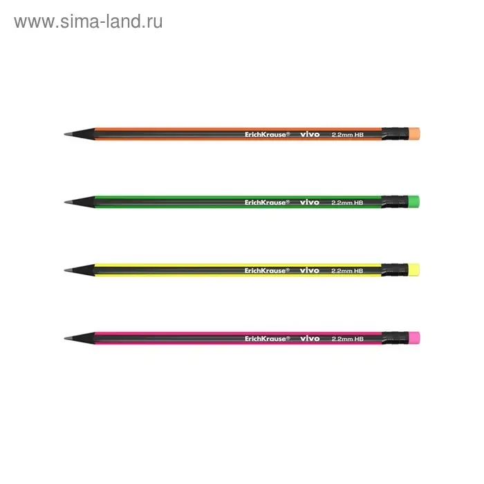 Карандаш чернографитный, ErichKrause &laquo;Vivo&raquo;, HB, d=2.2 мм, с ластиком, дерево, трехгранный в тубусе, микс