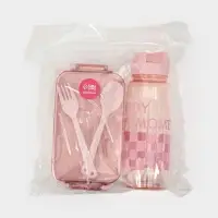 Ланч-бокс, 2 отделения, 2 яруса, с вилкой и ложкой, бутылкой 500мл,20х17х5,5 см,цвет розовый   10949