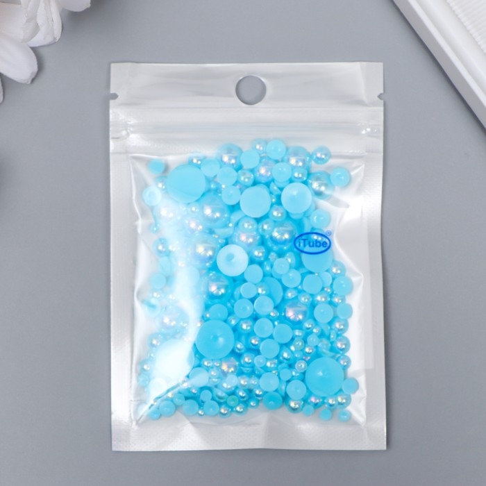 Декор для творчества пластик "Половинки бусин. Ярко-голубой перламутр" d=3-10мм, набор 10 гр