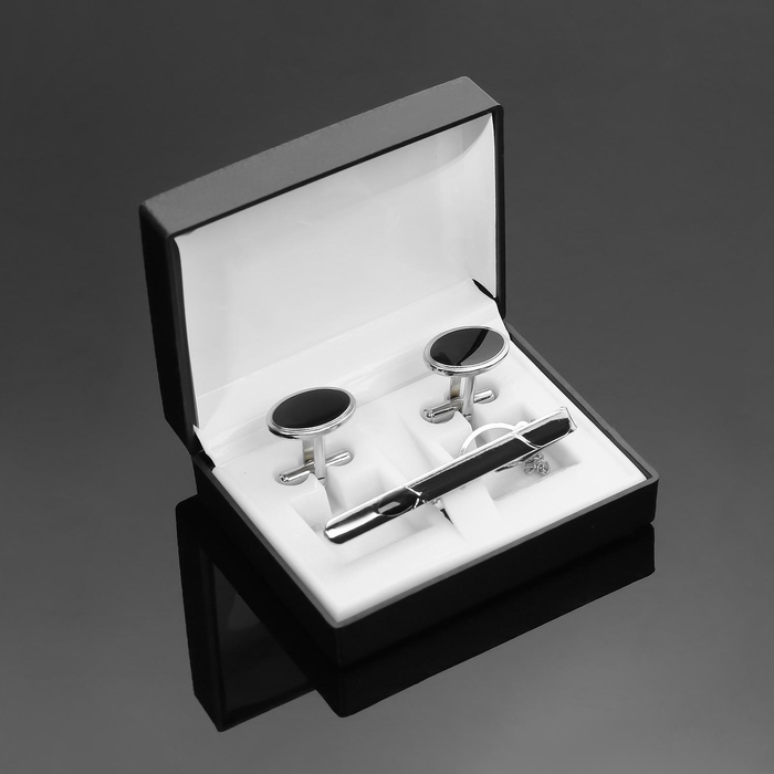 Набор мужской медный «Запонки + Зажим для галстука» овал с эмалью, цвет чёрный в серебре Набор мужской медный «Запонки + Зажим для галстука» овал с эмалью, цвет чёрный в серебре