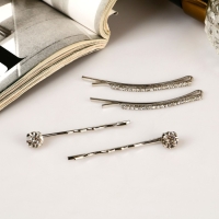 Невидимка для волос "Кварта" (набор 4 шт) дорожка стразы, 5 см и 5,5 см, серебро