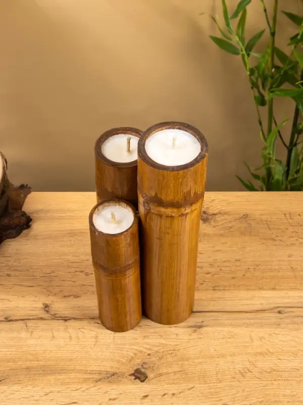 Свеча в бамбуке тройная, 14&times;15&times;30 см, 100 мл, бежевая