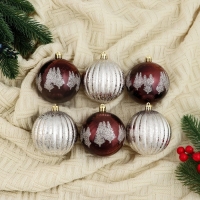 Набор шаров пластик d-8 см, 6 шт "Сказочные узоры" перья полосы, коричневый серебро