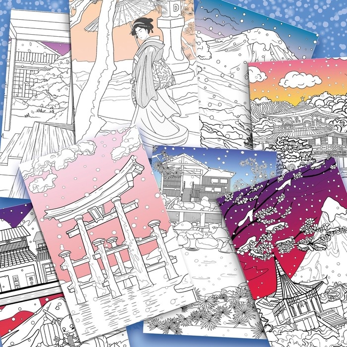 Японская раскраска &laquo;Погрузись в зимнюю сказку&raquo;, 25 картинок