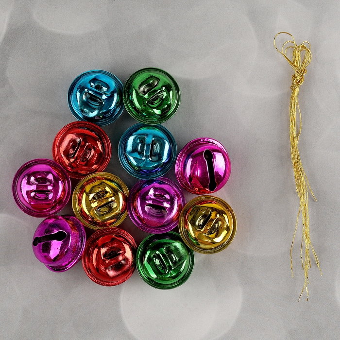 Бубенчики, набор 12 шт., размер 1 шт. &mdash; 2 &times; 2 см, цвет красный, жёлтый, розовый, синий, зелёный