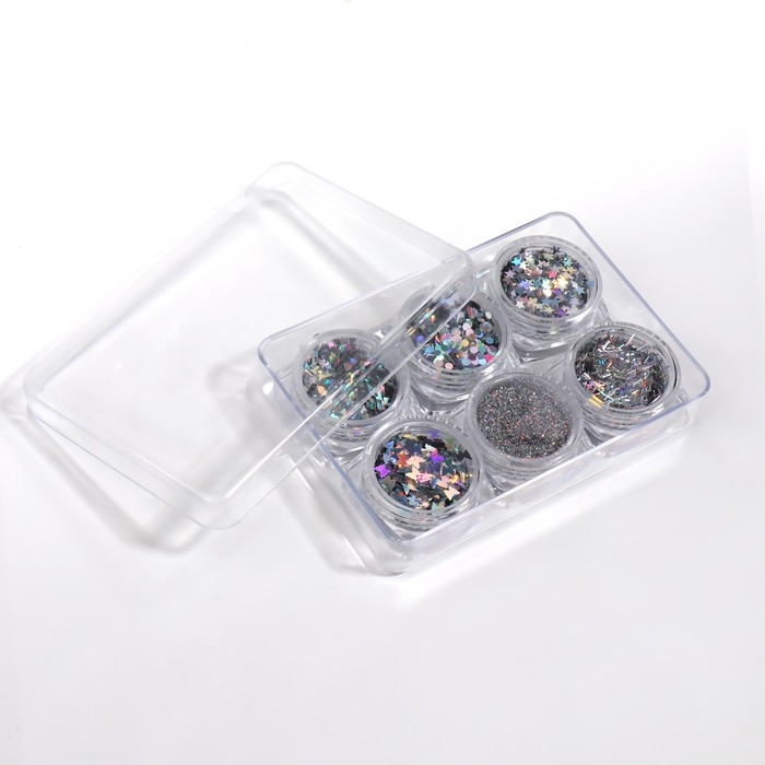 Набор для декора ногтей, в пластиковом органайзере, 6 баночек, цвет серебристый Набор для декора ногтей, в пластиковом органайзере, 6 баночек, цвет серебристый