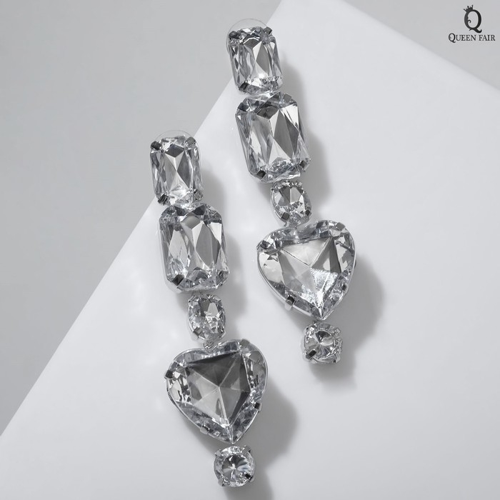 Серьги висячие со стразами «Драгоценность» сердце, цвет белый в серебре, 7 см Серьги висячие со стразами «Драгоценность» сердце, цвет белый в серебре, 7 см