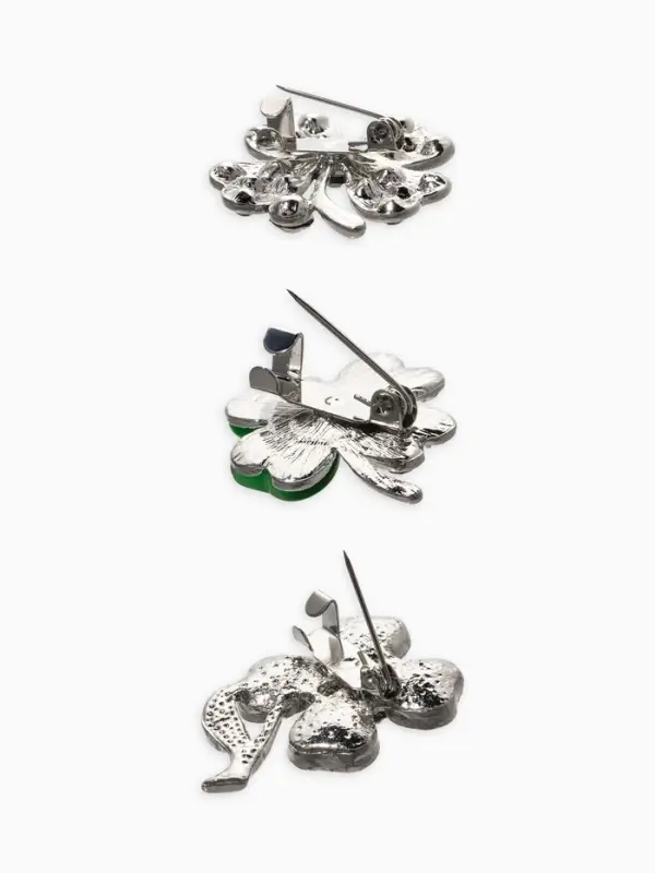 Броши "Клевер" (набор 3шт), цвет зелёный в серебре