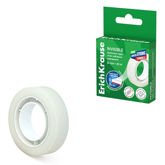 Клейкая лента канцелярская, 12 мм х 20 метра, ErichKrause Invisible, матовая, незаметная, в коробке, с европодвесом