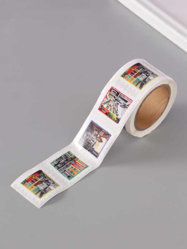 Наклейка бумага "Марки. Города" 3х3 см 200 шт в рулоне