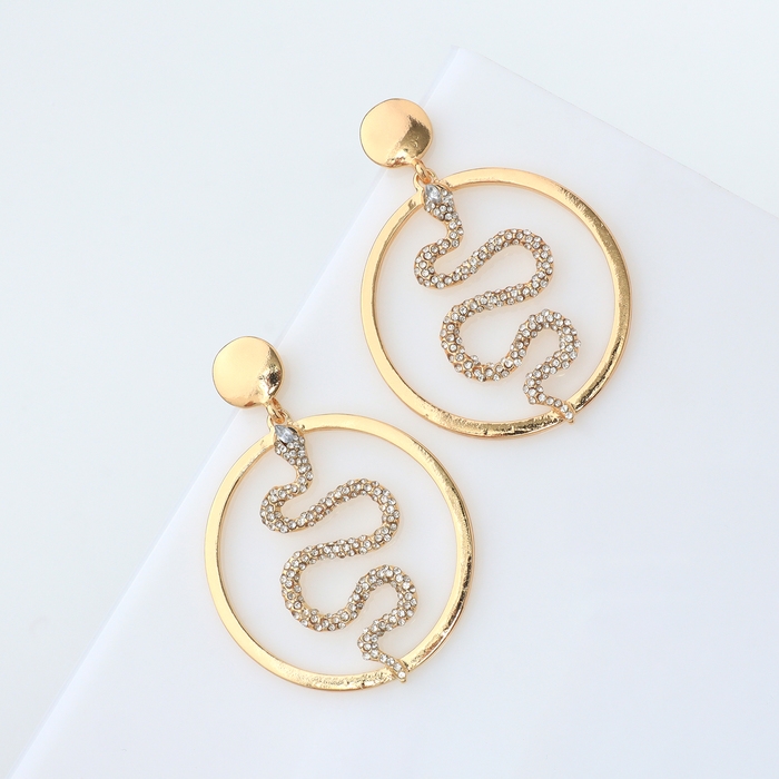 Новый год! Символ года 2025! Серьги со стразами &laquo;Змея&raquo; обаятельность, круг, цвет белый в золоте