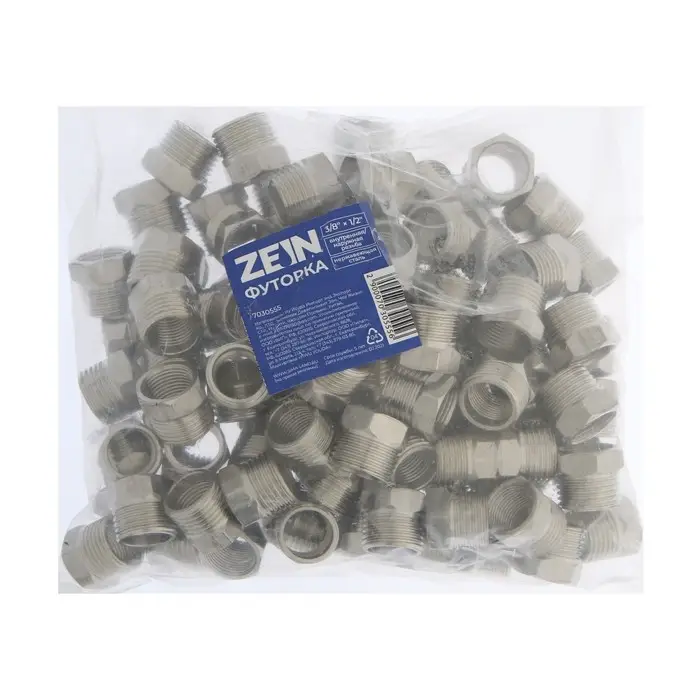 Футорка ZEIN, 3/8" х 1/2", внутренняя/наружная резьба, нержавеющая сталь, фасовка 100 шт.