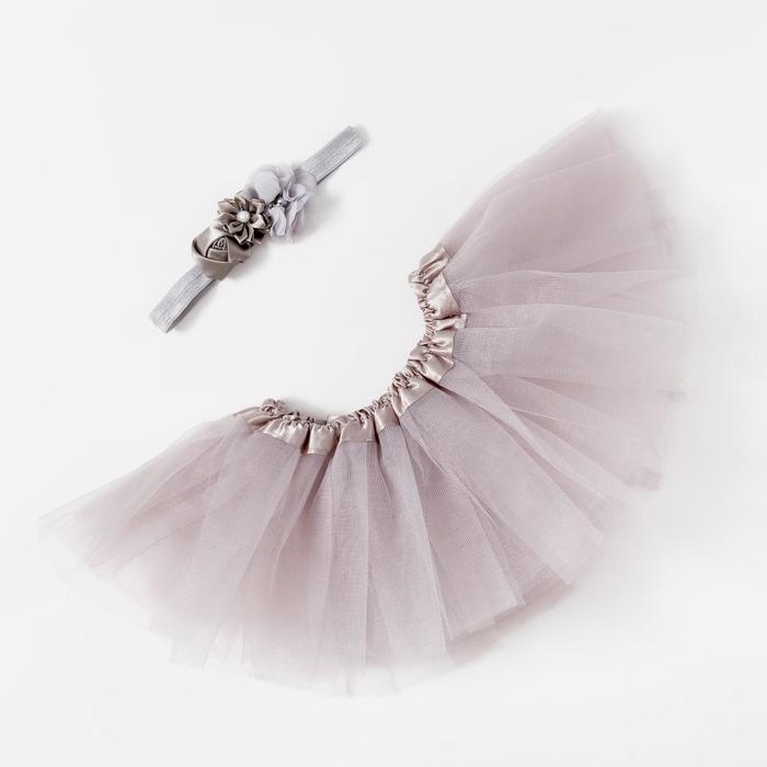 Набор Крошка Я &laquo;Цветочек&raquo; юбка и повязка на голову 3-18 мес, серый