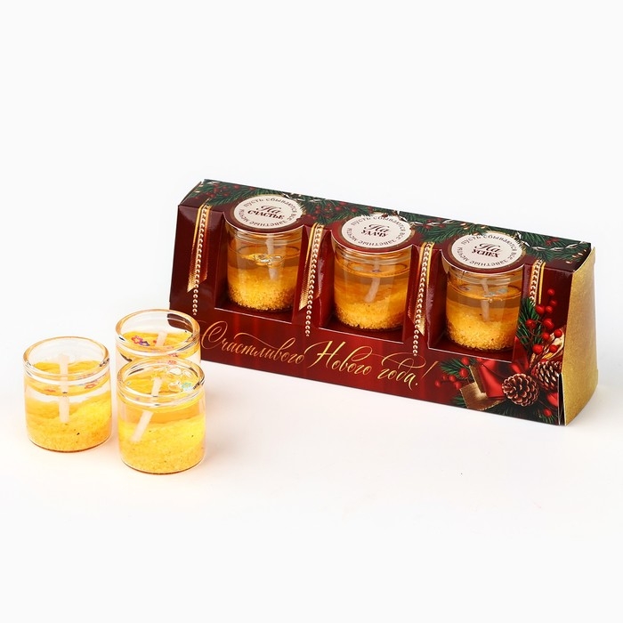 Свечи гелевые новогодние &laquo;Счастливого нового года&raquo; на Новый год на Новый год, 3 шт, золотые, 2,5 х2,5 х 2,5 см