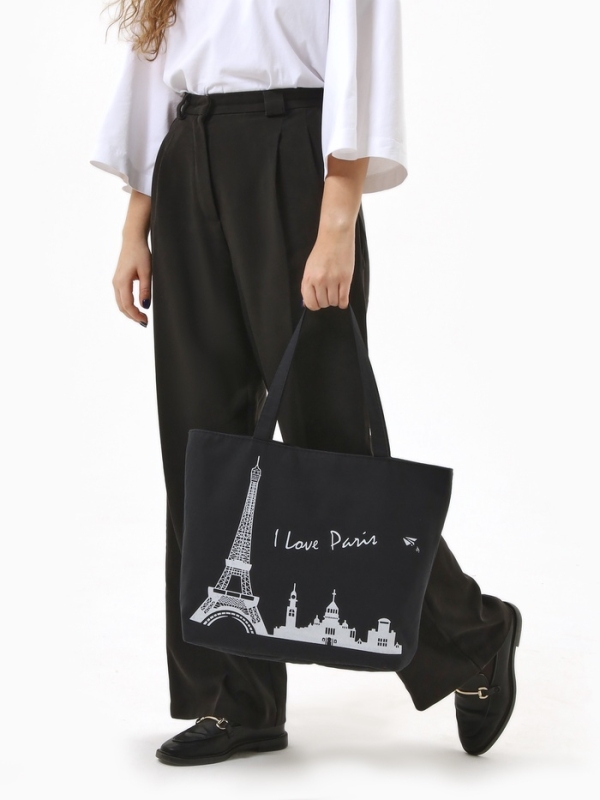 Шопер PARIS, 42*9*32, отдел на молнии, подклад, черный/белый