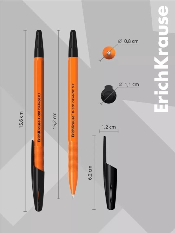 Ручка шариковая ErichKrause R-301 Orange Stick, узел 0.7 мм, чернила чёрные, длина линии письма 2000 метров, штрихкод на ручке