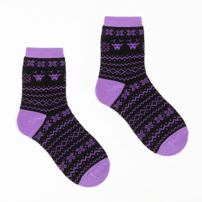 Носки махровые, цвет чёрный/сиреневый, размер 23-25