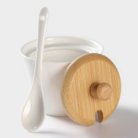 Банки для хранения сыпучих продуктов с ложками на бамбуковой подставке BellaTenero, 7 предметов: 3 банки 150 мл, 3 ложки, фарфоровая, цвет белый