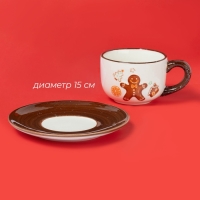 Чайная пара новогодняя Доляна &laquo;Имбирные человечки&raquo;, кружка 12,5&times;9,3&times;6,5 см, блюдце d=15 см
