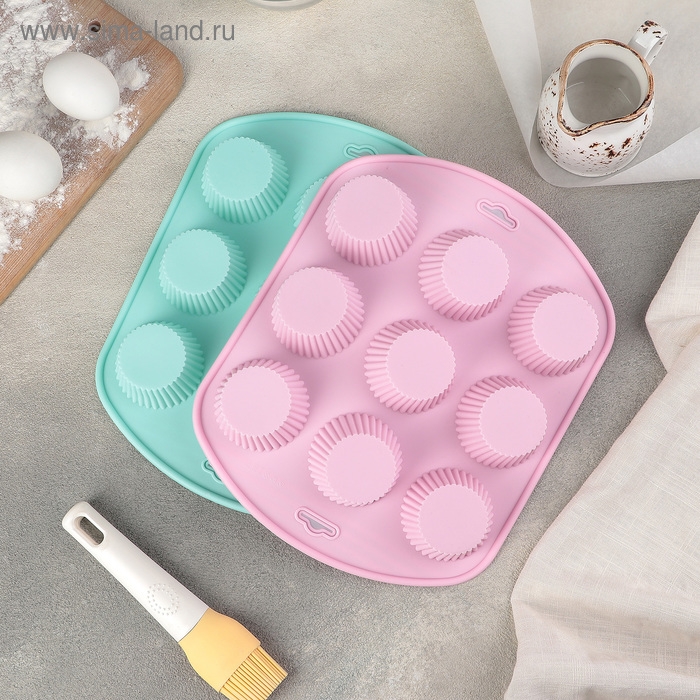 Форма для выпечки Доляна &laquo;Сладости. Круг реб&raquo;, силикон, 27&times;22&times;3 см, 9 ячеек (6&times;6&times;3 см), цвет МИКС