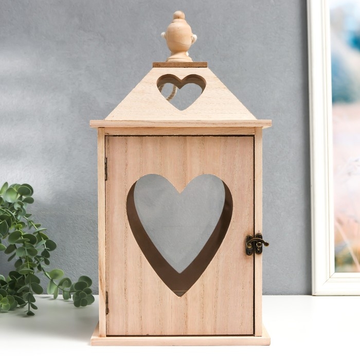 Подсвечник дерево "Фонарь домик с сердцами" набор 2 шт 28х14,5х14,5; 38х19,5х19,5 см