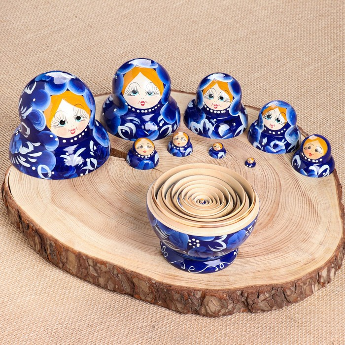 Матрёшка &laquo;Гжель&raquo;, синее платье, 10 кукольная, 13 см,ручная роспись